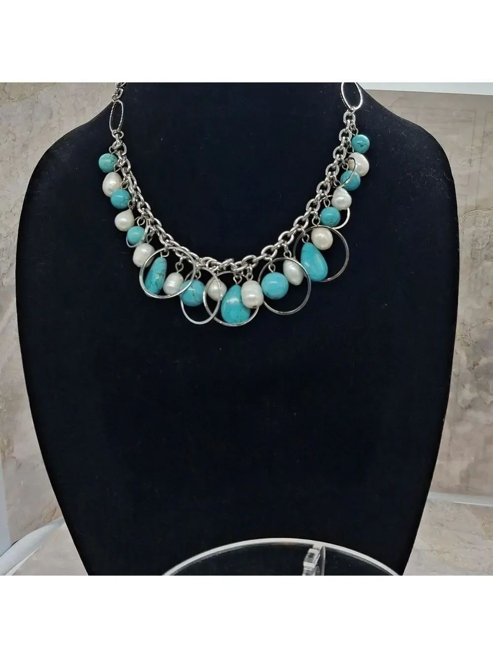 Genuine Pearls Silvertone and Turquoise Colored Howlite Beaded Necklace